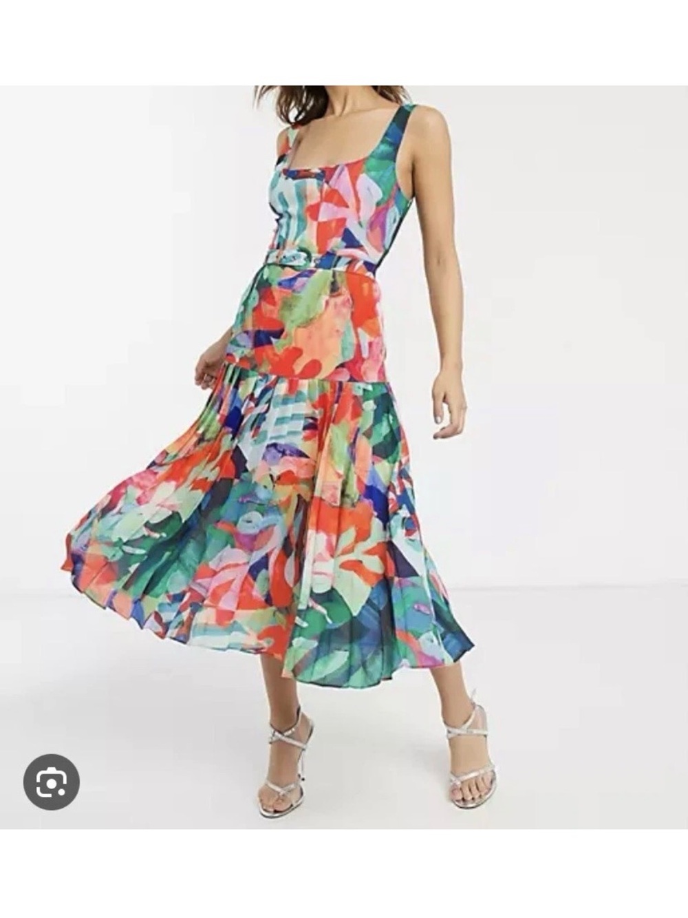 Vestire NWT Miami multicolored tropical print Pleated Fit & Flare midi dress